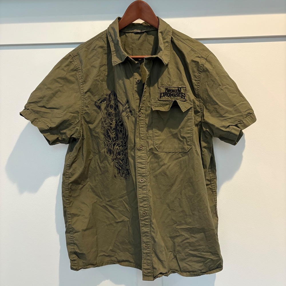 Broken Promises Grim Reaper Graphic Button‎ Shirt Men's Large Olive Green Zumiez